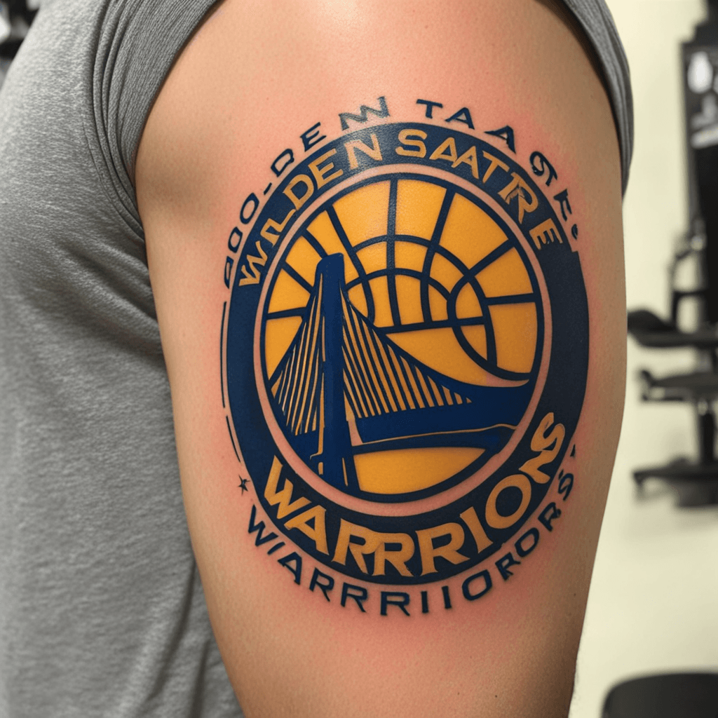 A fresh ink Golden State Warriors logo on the arm tattoo